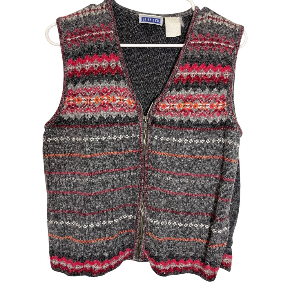 Vintage Erika & Co. Large Grey Fair Isle Knit Zip Front Sweater Vest Cabin Core